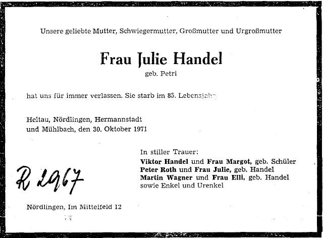 Petri Julie 1887-1971 Todesanzeige